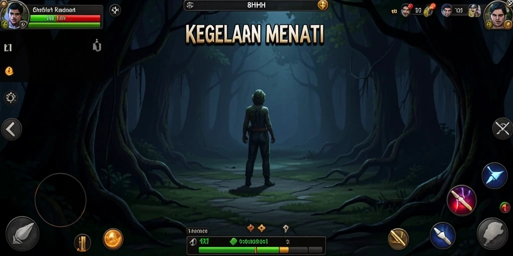 Screenshot gameplay 8HHH menampilkan suasana menyeramkan di dunia gelap.