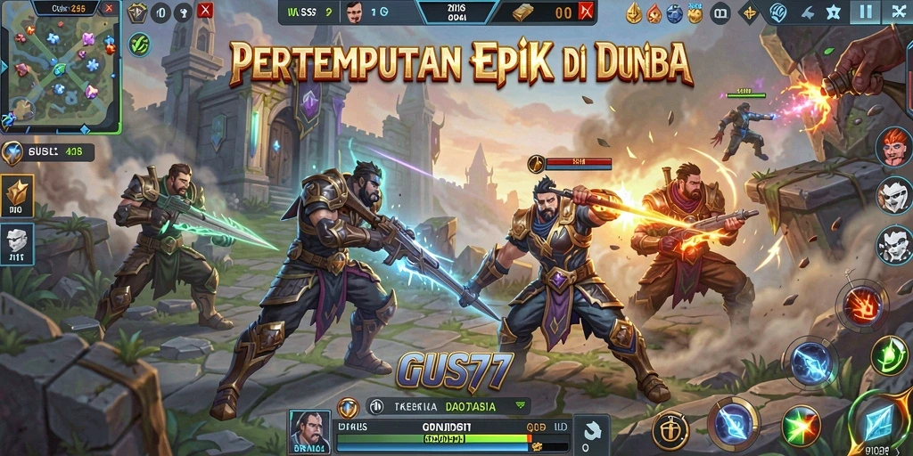 Tangkapan layar gameplay seru dari GUS77 yang menunjukkan aksi pertempuran MOBA.