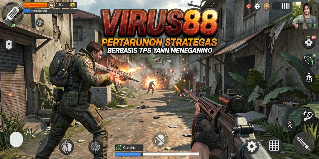 Screenshot gameplay <strong>VIRUS88</strong> dengan aksi tembak-menembak yang seru.